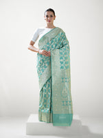 Aqua Green Jaal Uppada Katan Silk Handloom Banarasi Saree - Sacred Weaves