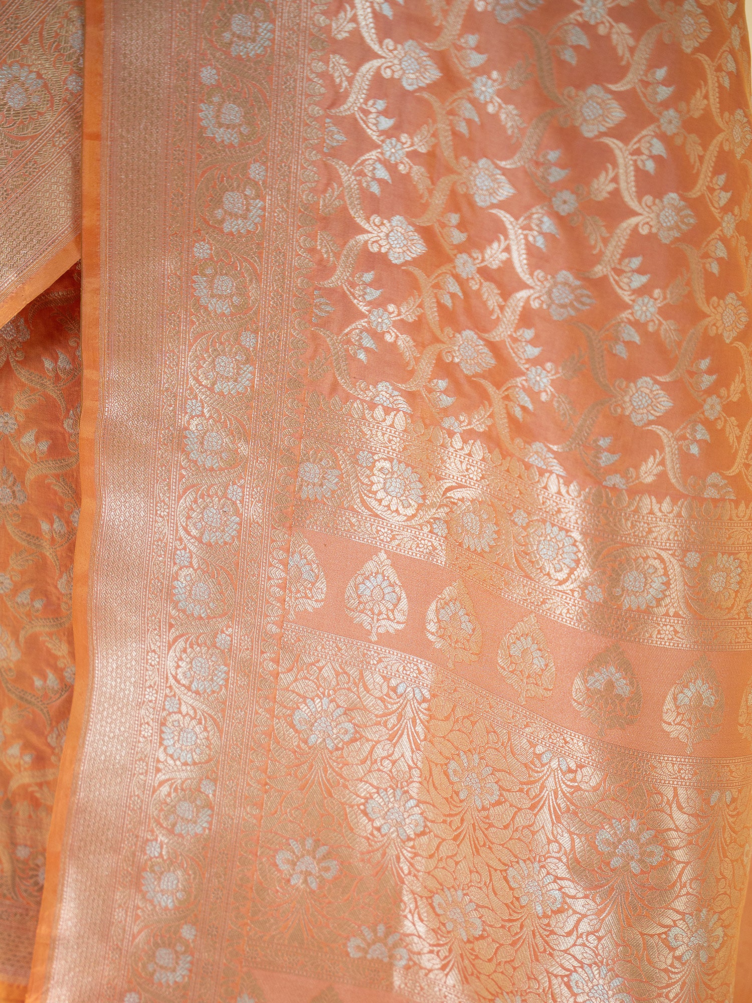 Orange Pink Uppada Katan Silk Handloom Banarasi Saree - Sacred Weaves