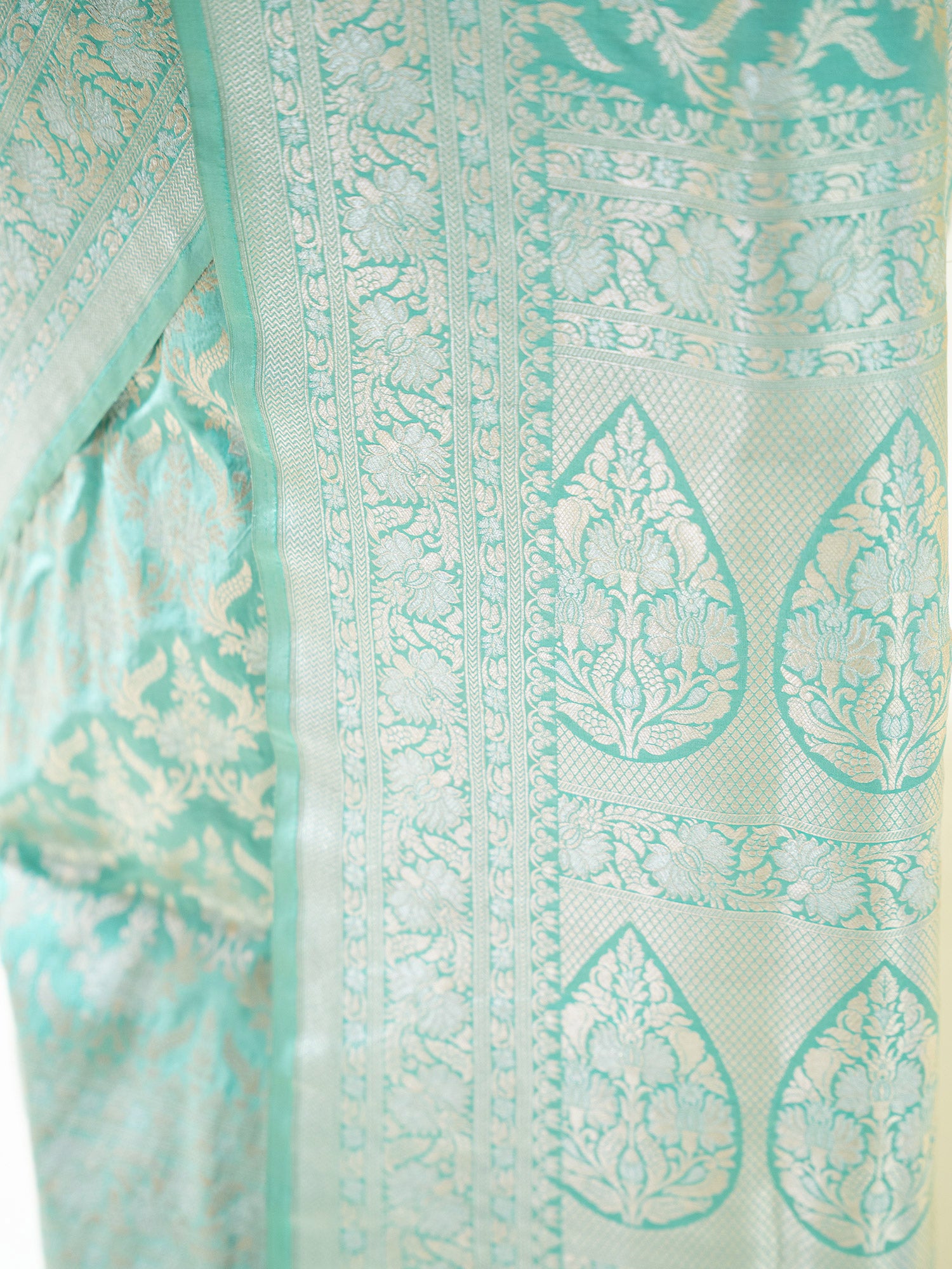 Aqua Green Jaal Uppada Katan Silk Handloom Banarasi Saree - Sacred Weaves