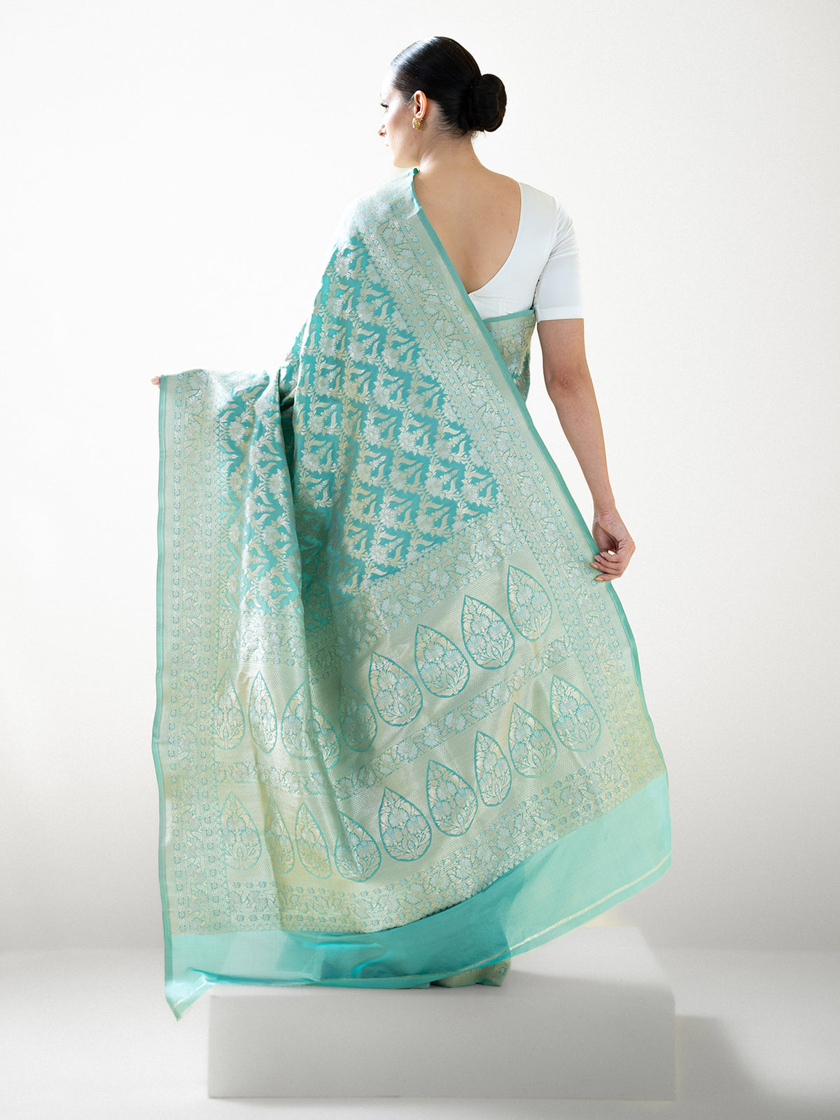 Aqua Green Jaal Uppada Katan Silk Handloom Banarasi Saree - Sacred Weaves