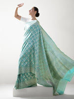 Aqua Green Jaal Uppada Katan Silk Handloom Banarasi Saree - Sacred Weaves