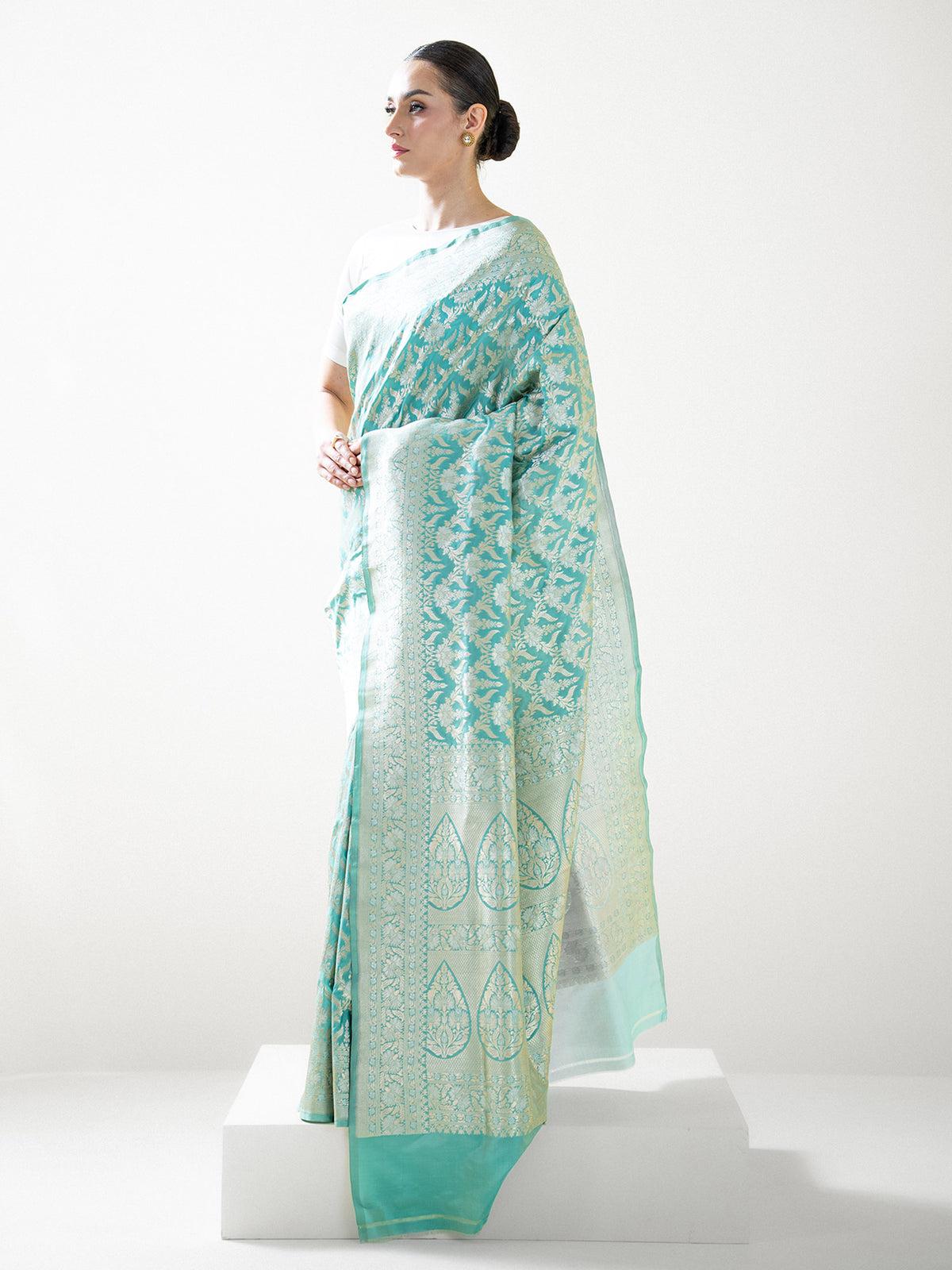 Aqua Green Jaal Uppada Katan Silk Handloom Banarasi Saree - Sacred Weaves