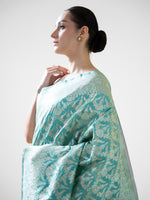 Aqua Green Jaal Uppada Katan Silk Handloom Banarasi Saree - Sacred Weaves