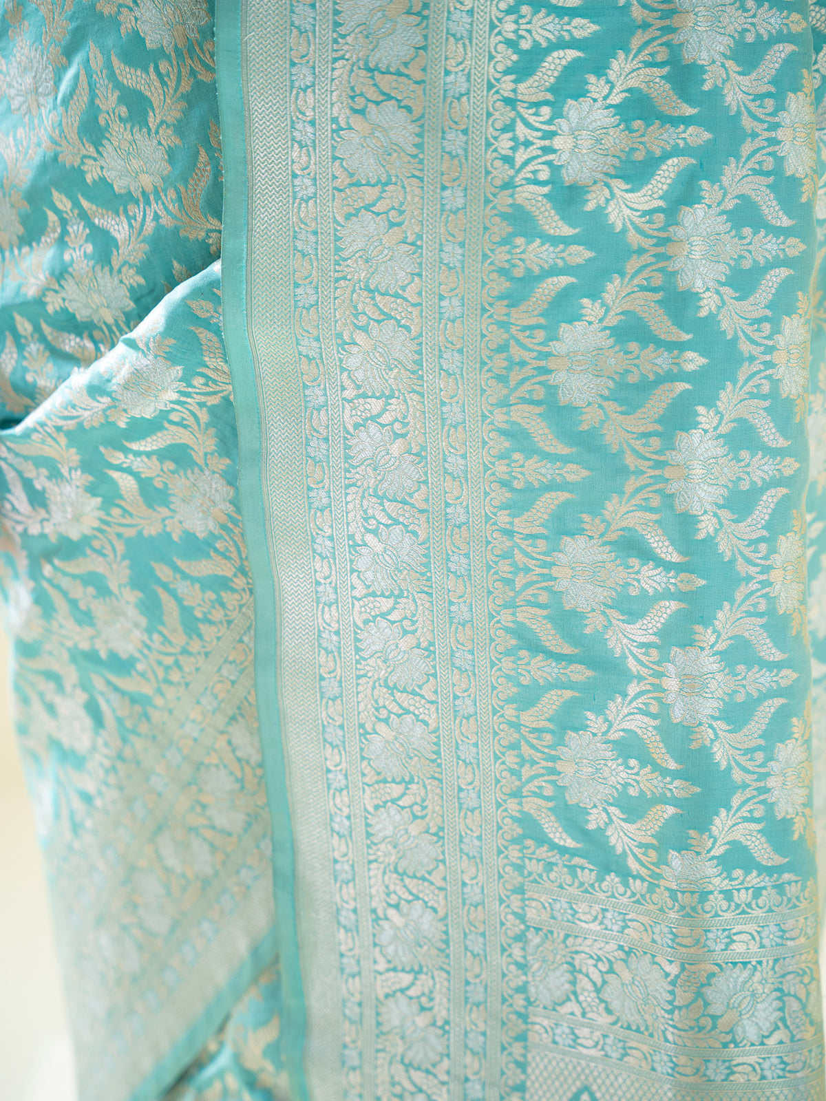 Aqua Green Jaal Uppada Katan Silk Handloom Banarasi Saree - Sacred Weaves