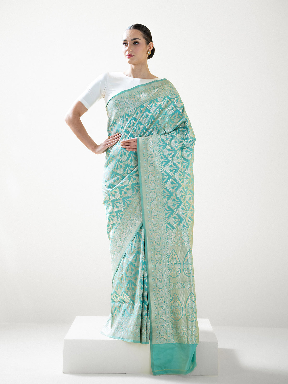 Aqua Green Jaal Uppada Katan Silk Handloom Banarasi Saree - Sacred Weaves