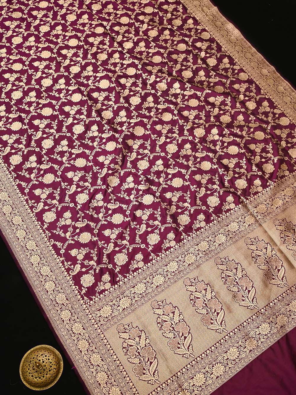 Wine Jaal Uppada Katan Silk Handloom Banarasi Saree - Sacred Weaves