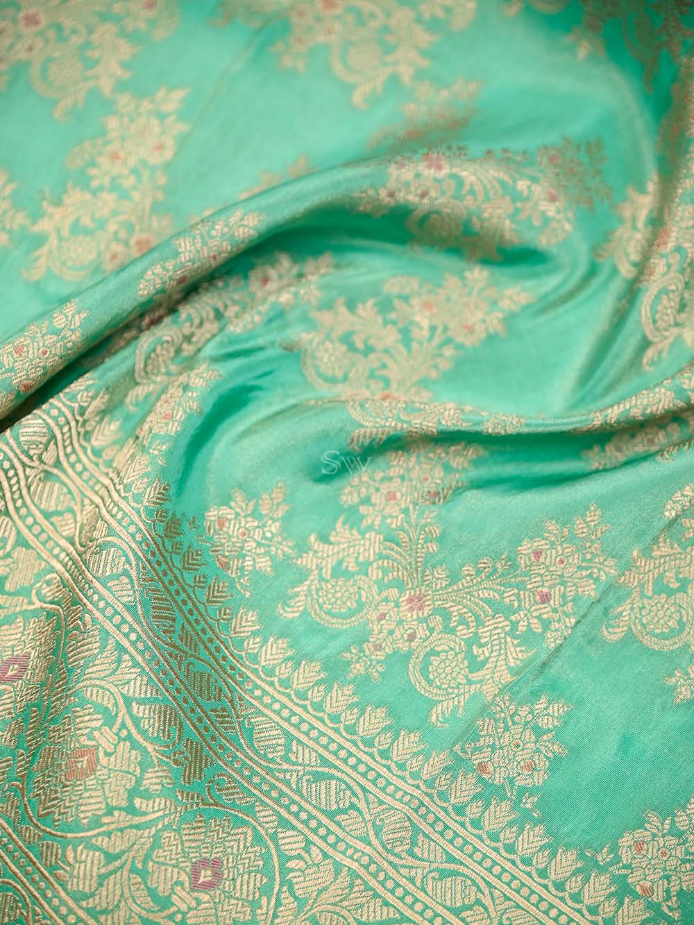 Sea Green Meenakari Jaal Katan Silk Handloom Banarasi Fabric - Sacred Weaves
