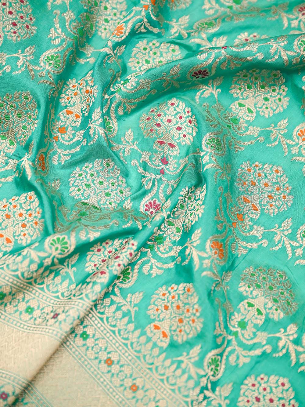Sea Green Meenakari Jaal Katan Silk Handloom Banarasi Fabric - Sacred Weaves