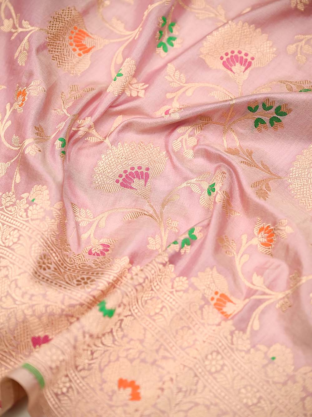 Pastel Pink Meenakari Jaal Katan Silk Handloom Banarasi Fabric - Sacred Weaves