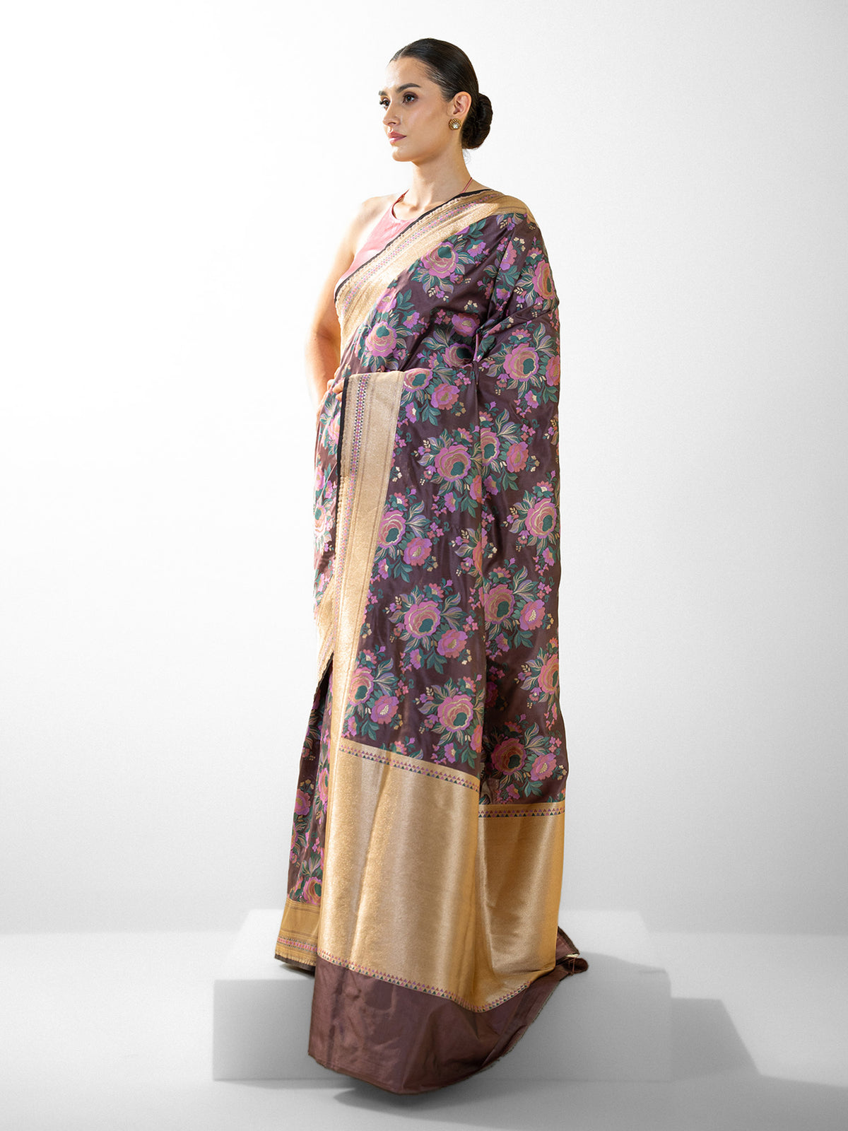 Dark Brown Meenakari Katan Silk Handloom Banarasi Saree - Sacred Weaves