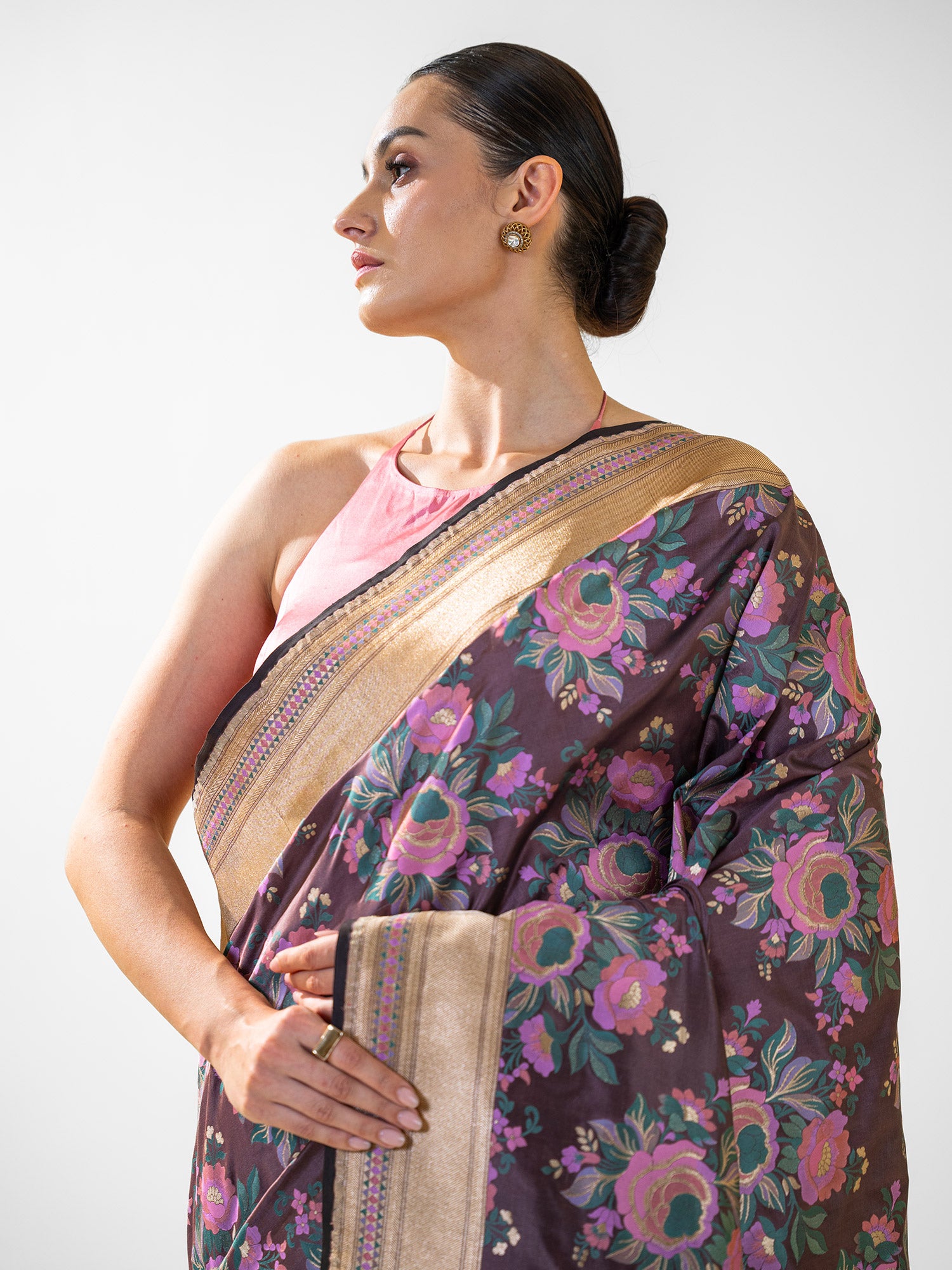 Dark Brown Meenakari Katan Silk Handloom Banarasi Saree - Sacred Weaves