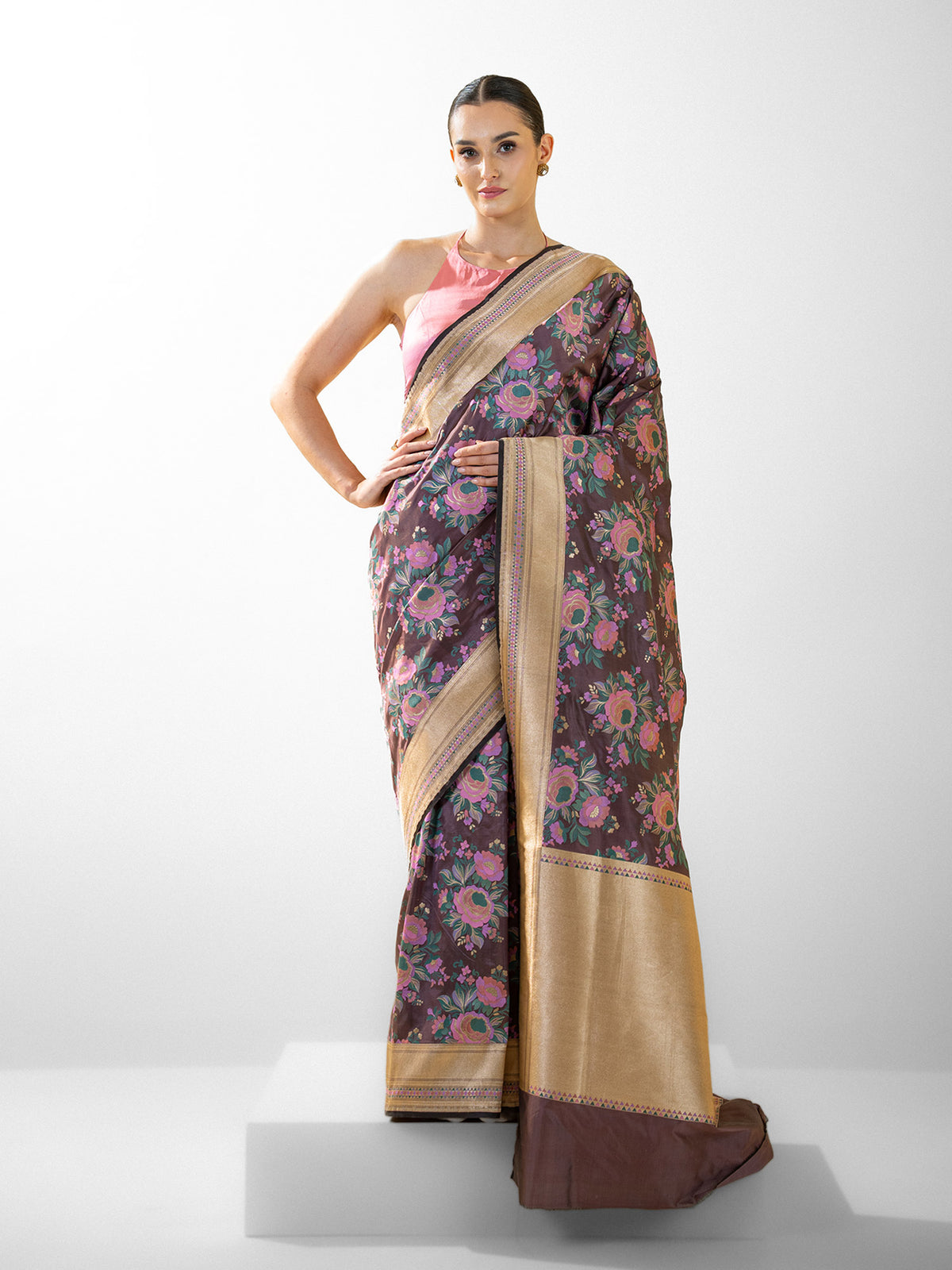 Dark Brown Meenakari Katan Silk Handloom Banarasi Saree - Sacred Weaves
