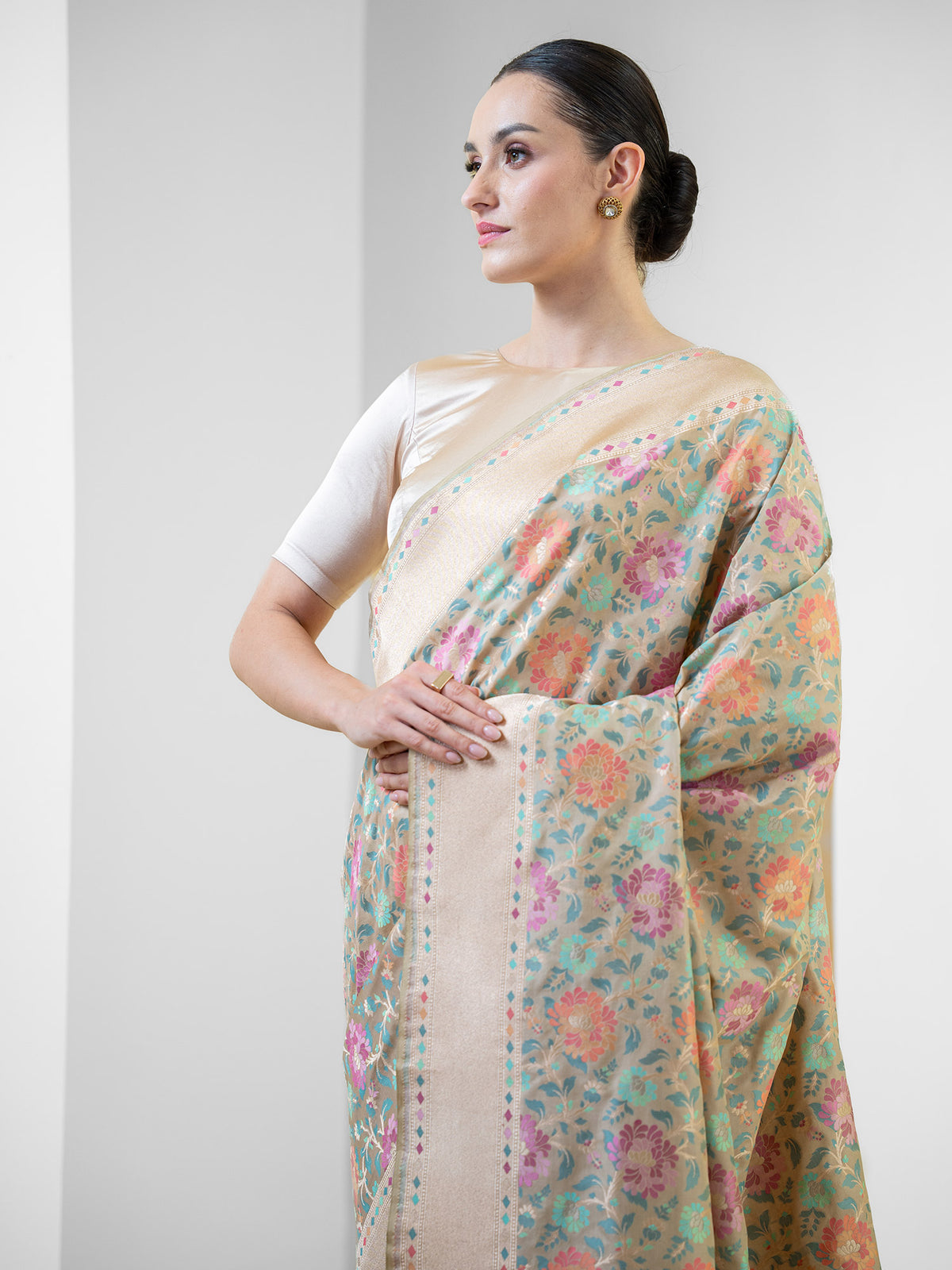 Beige Meenakari Katan Silk Handloom Banarasi Saree - Sacred Weaves