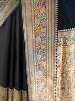 Black Plain Meenakari Katan Silk Handloom Banarasi Saree - Sacred Weaves