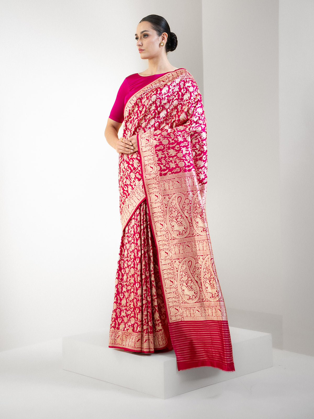 Pink Red Shikargah Katan Silk Handloom Banarasi Saree