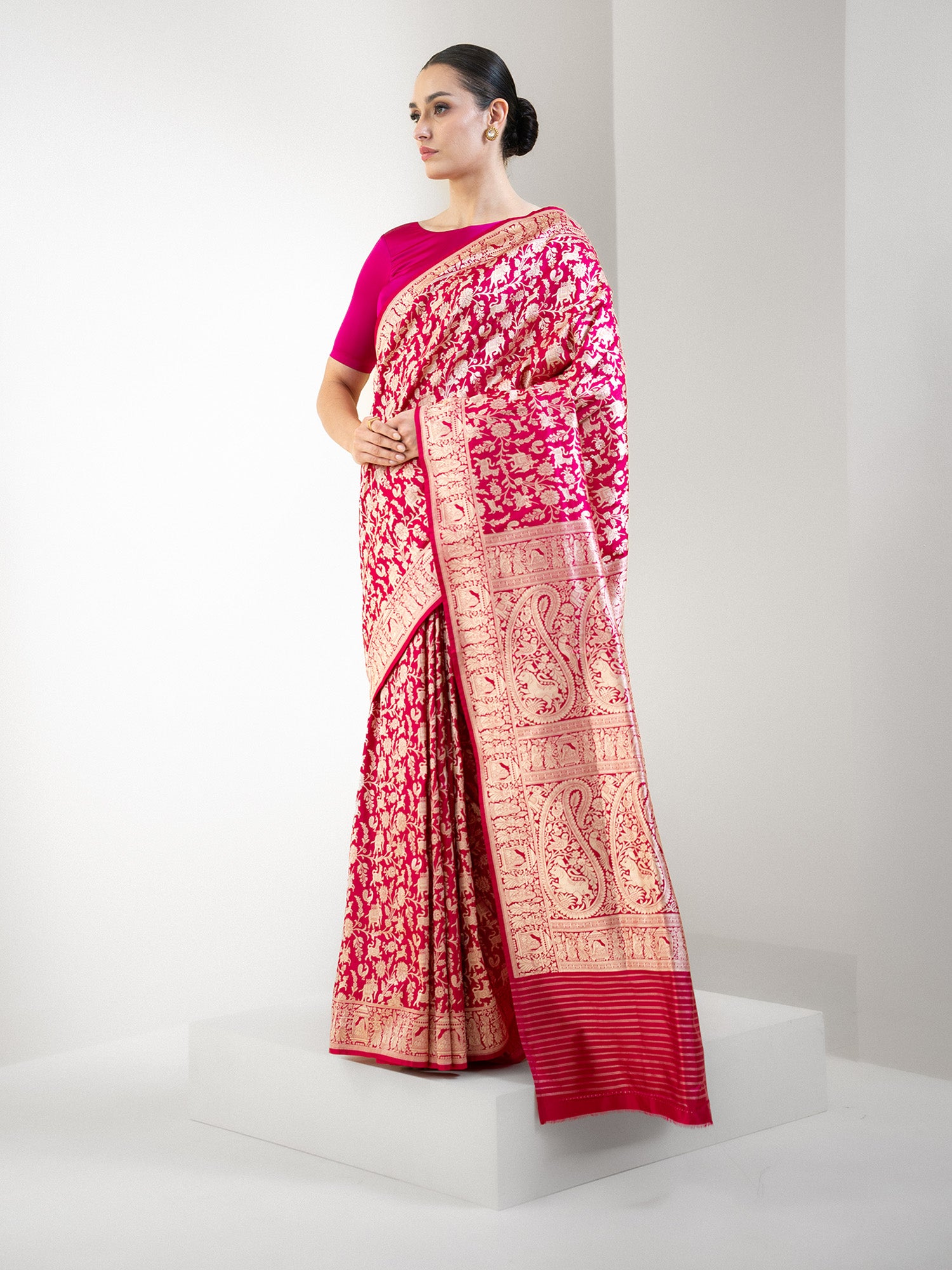 Pink Red Shikargah Katan Silk Handloom Banarasi Saree - Sacred Weaves