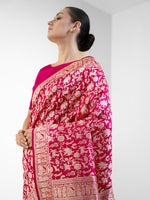 Pink Red Shikargah Katan Silk Handloom Banarasi Saree
