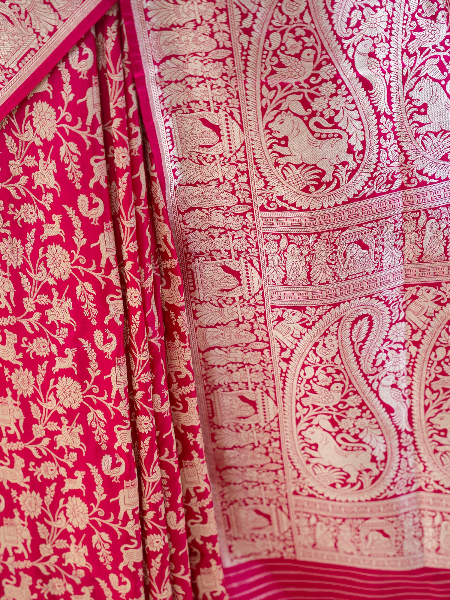 Pink Red Shikargah Katan Silk Handloom Banarasi Saree - Sacred Weaves