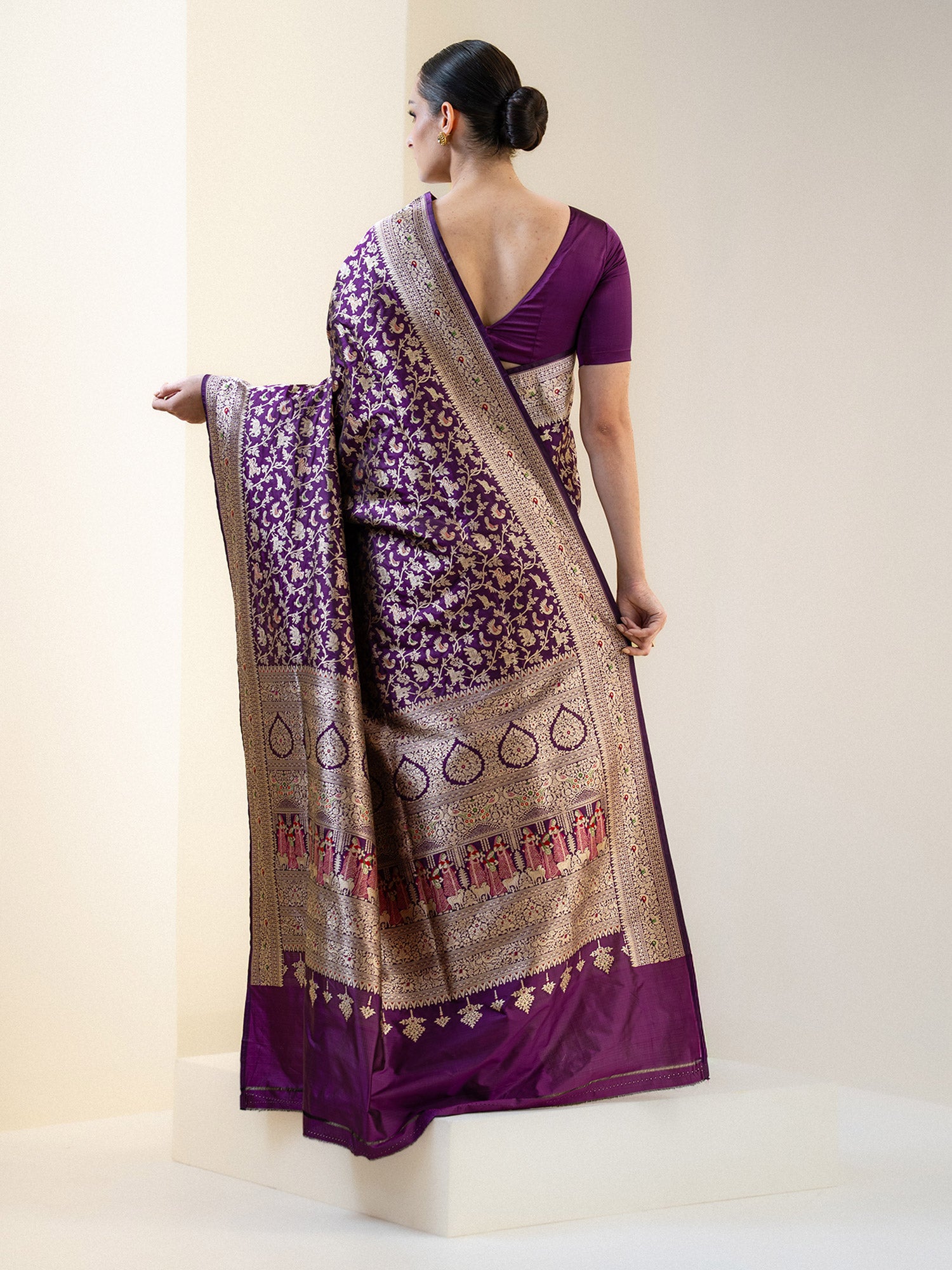 Dark Purple Shikargah Katan Silk Handloom Banarasi Saree - Sacred Weaves