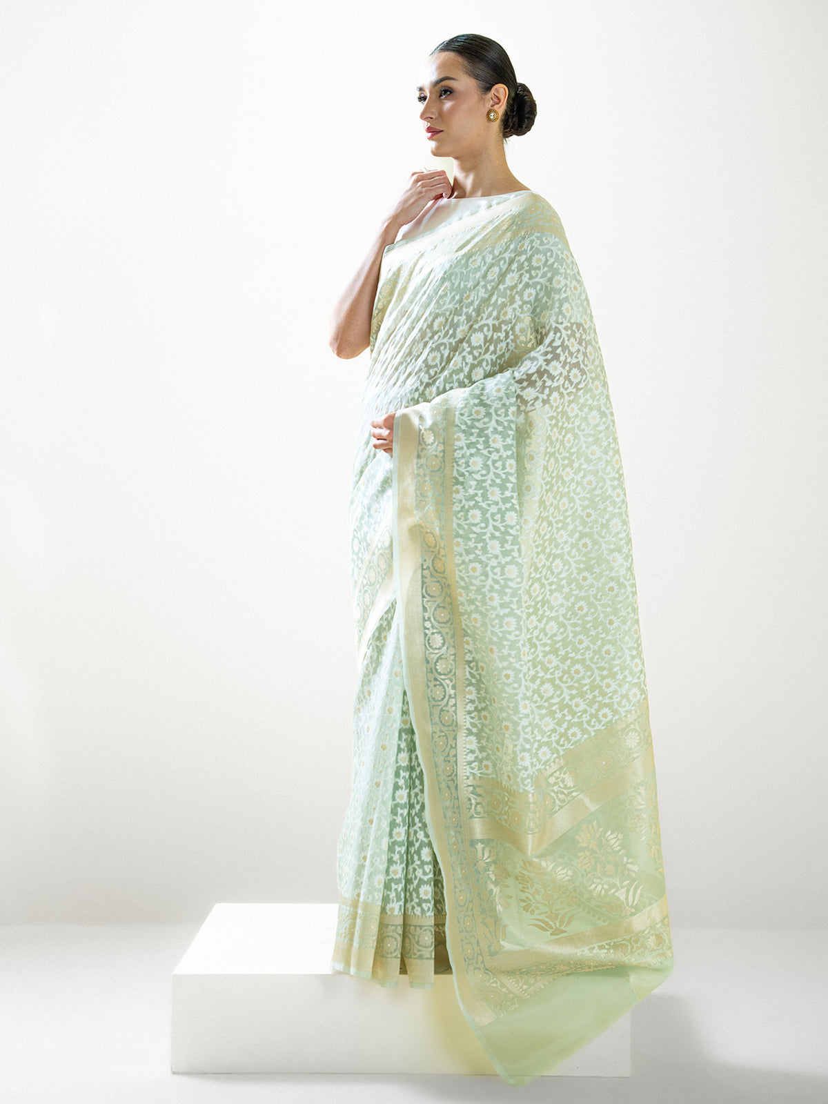 Pastel Pista Green Jaal Organza Handloom Banarasi Saree