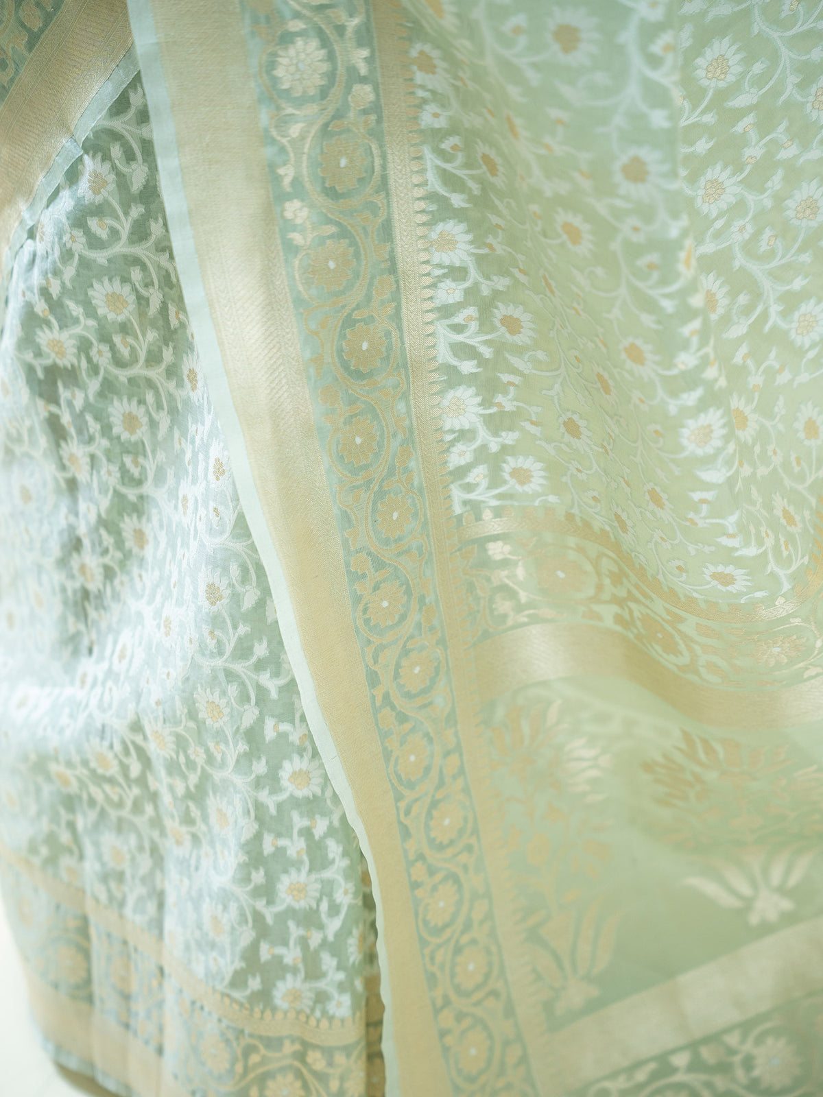 Pastel Pista Green Jaal Organza Handloom Banarasi Saree