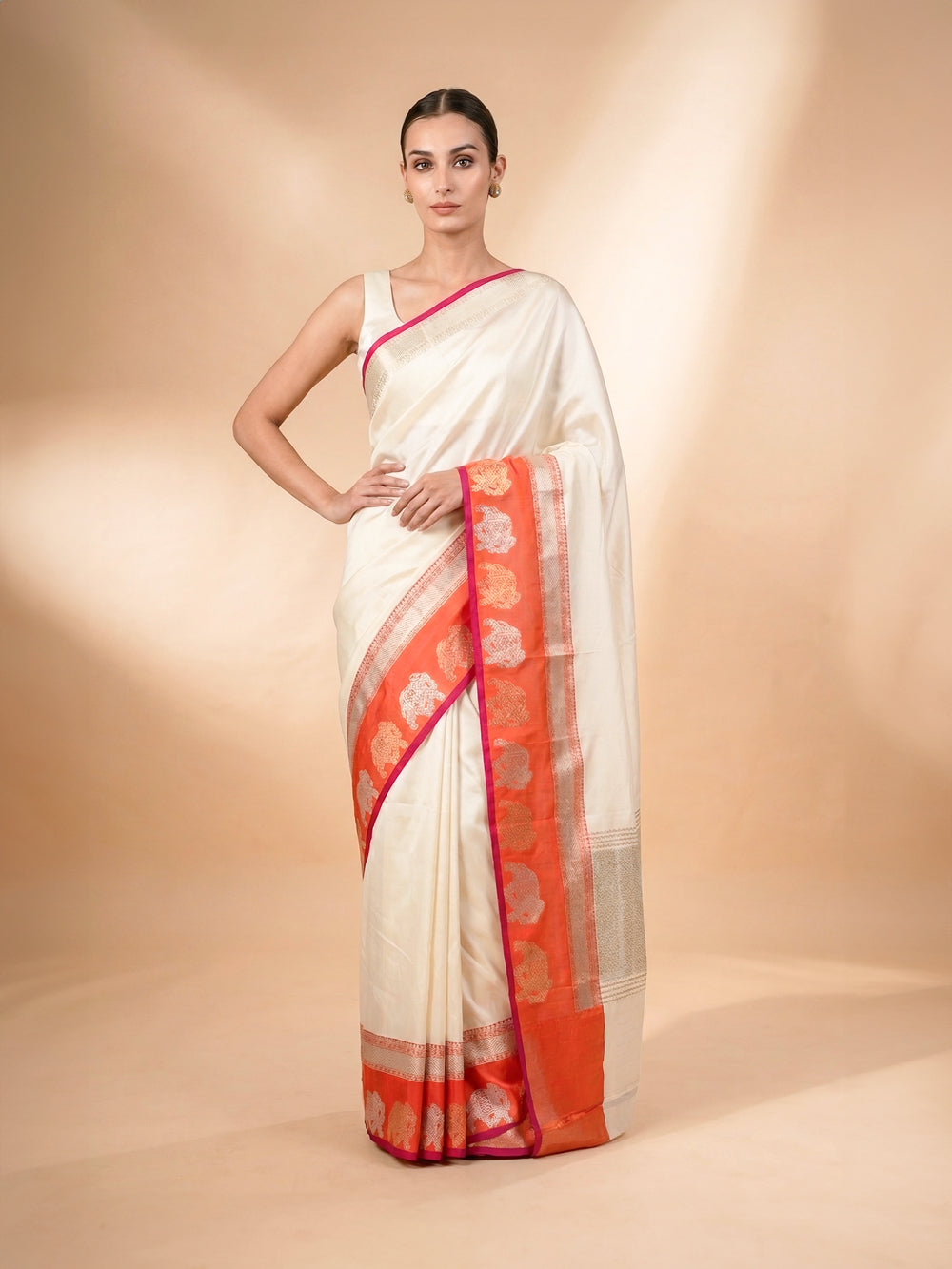 Off White Satin Silk Handloom Banarasi Saree - Sacred Weaves