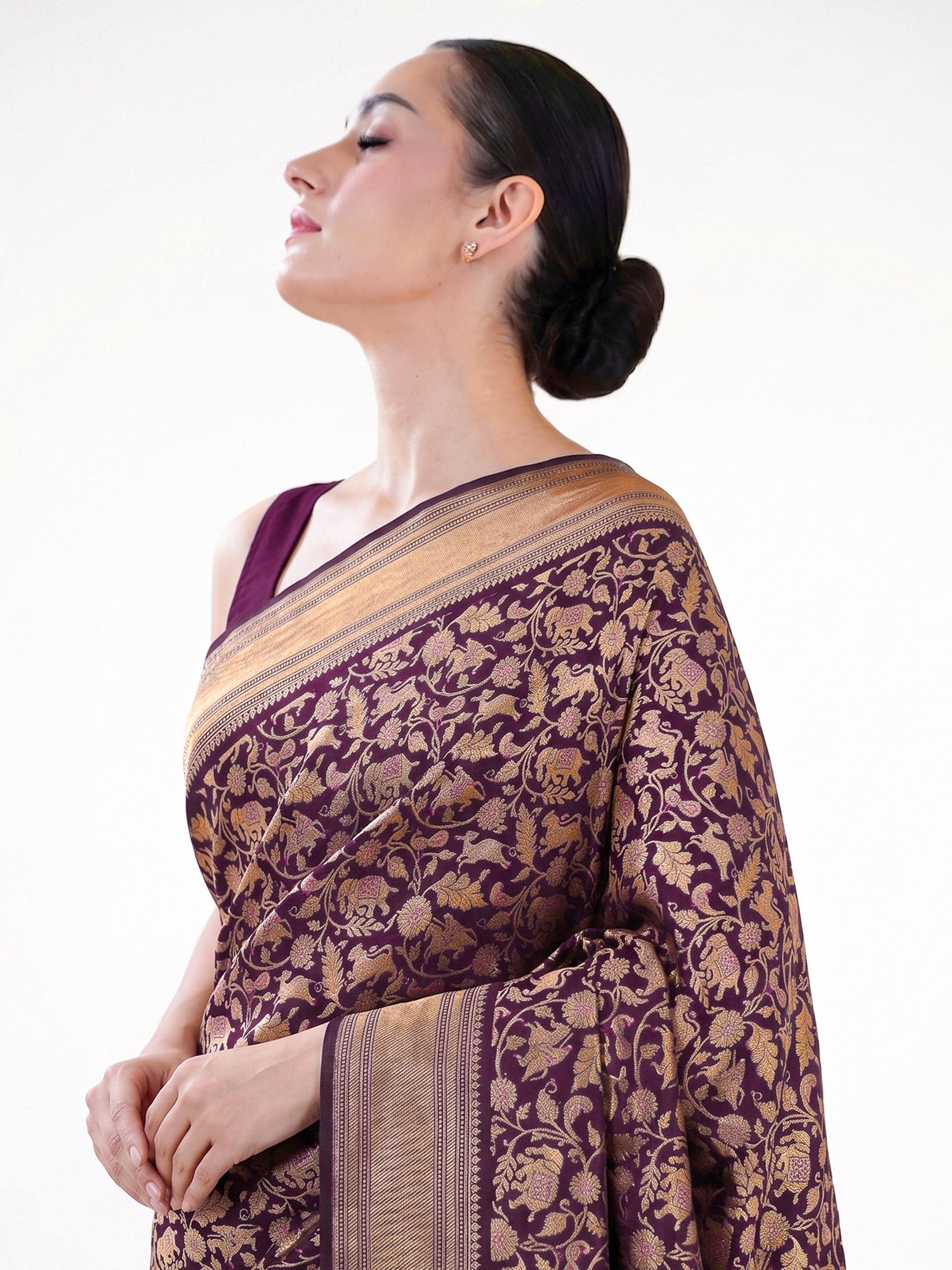 Dark Wine Shikargah Katan Silk Handloom Banarasi Saree - Sacred Weaves