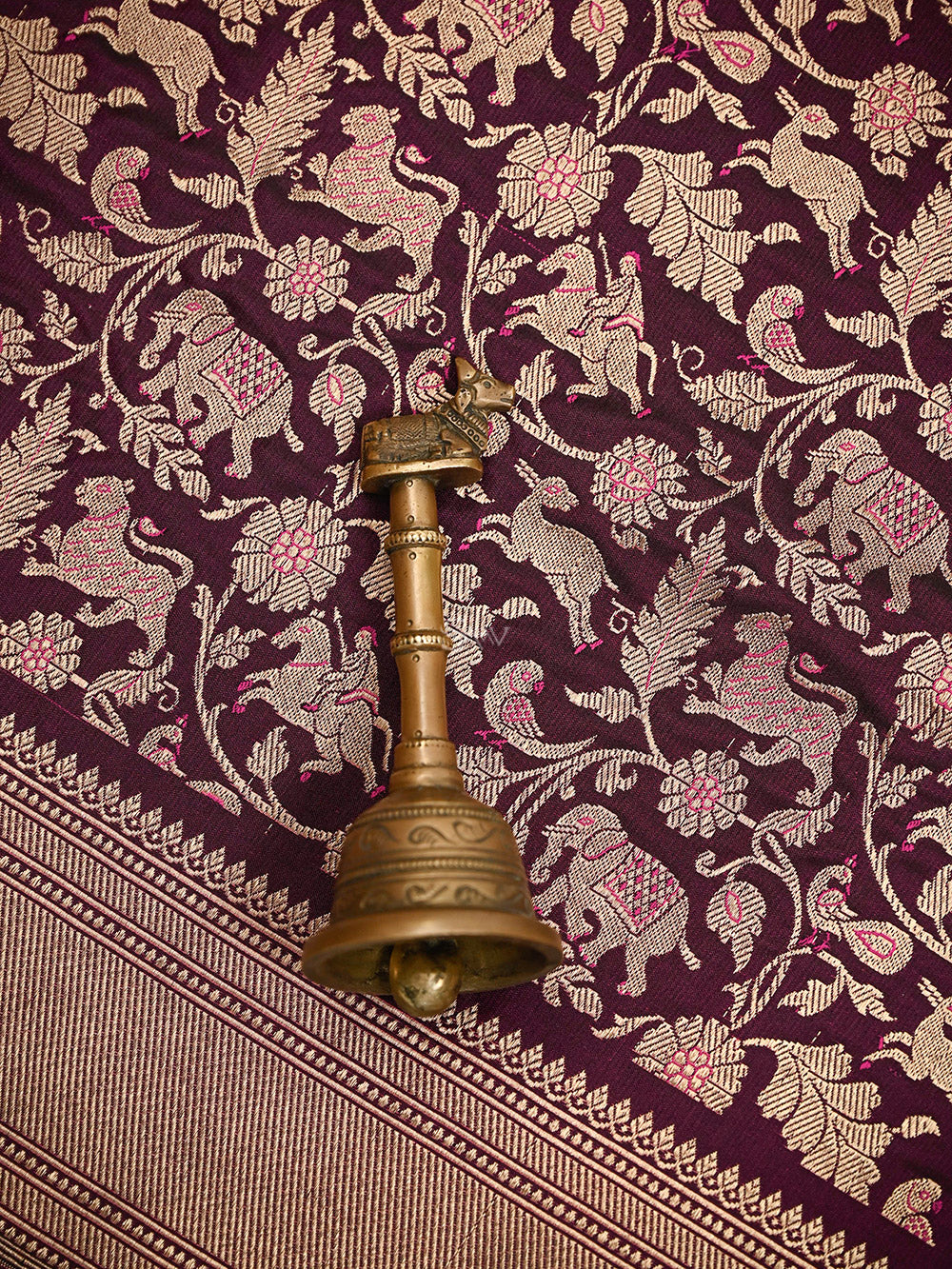 Dark Wine Shikargah Katan Silk Handloom Banarasi Saree - Sacred Weaves
