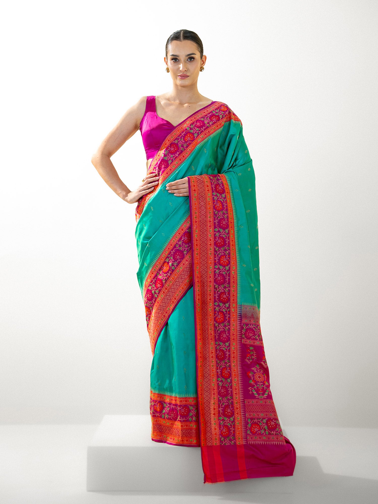 Teal Green Booti Katan Silk Handloom Banarasi Saree - Sacred Weaves