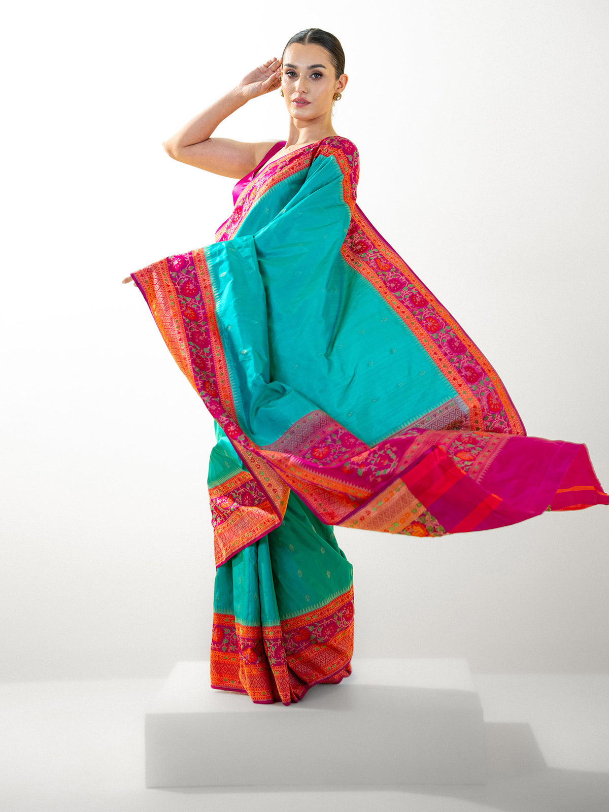 Teal Green Booti Katan Silk Handloom Banarasi Saree - Sacred Weaves