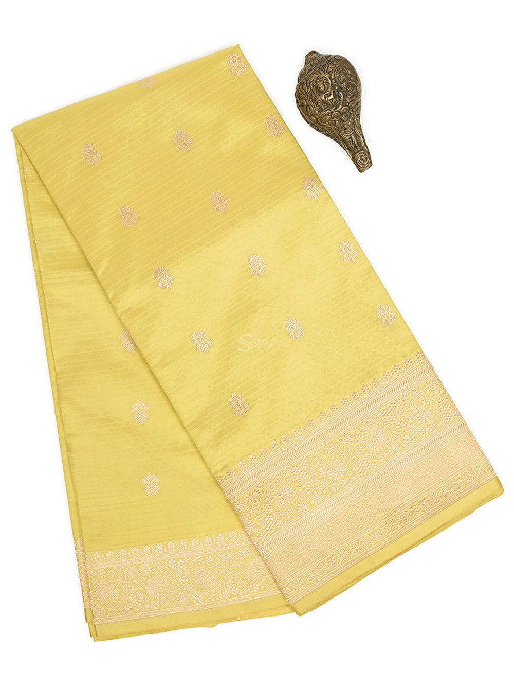 Light Yellow Booti Katan Silk Handloom Banarasi Saree - Sacred Weaves