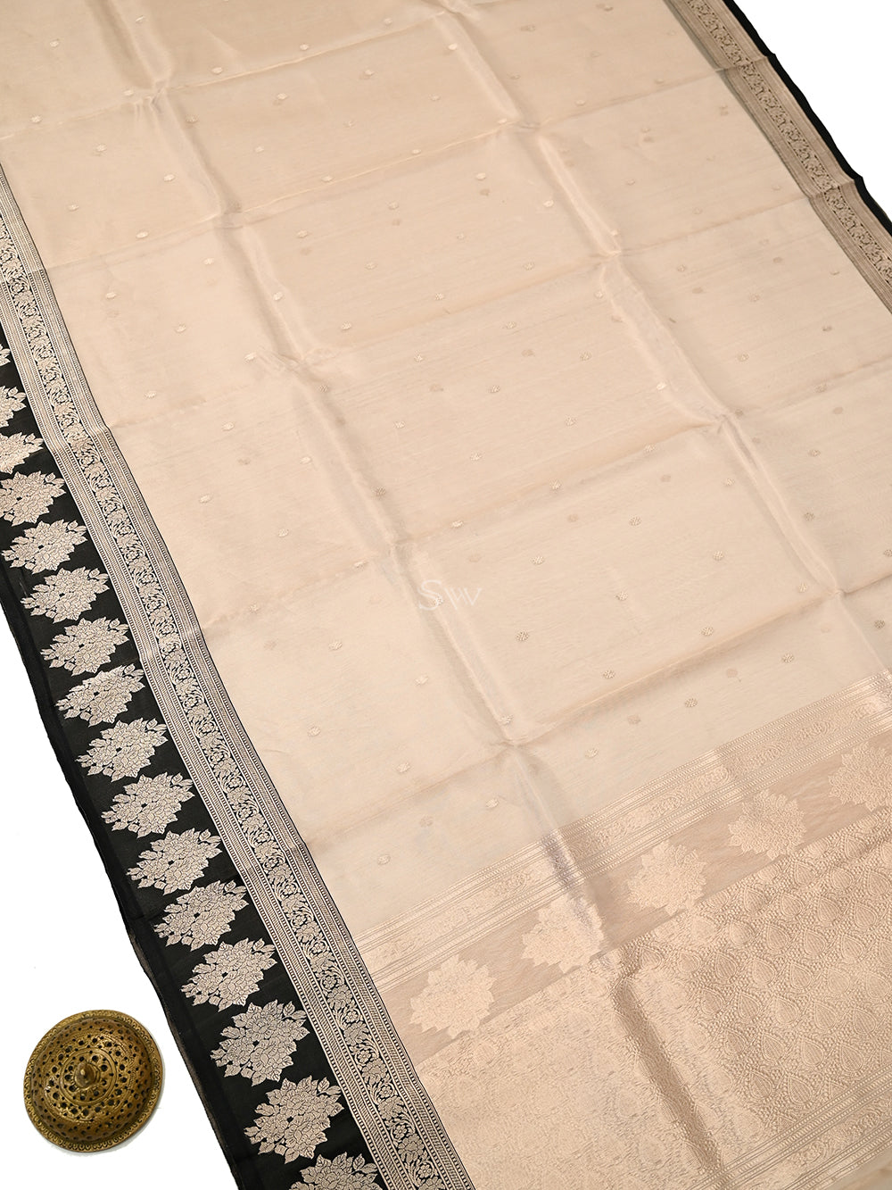 Beige Booti Organza Tissue Silk Handloom Banarasi Saree - Sacred Weaves