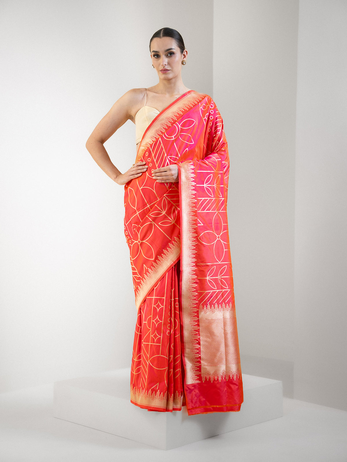 Orange Pink Jaal Katan Silk Handloom Banarasi Saree - Sacred Weaves