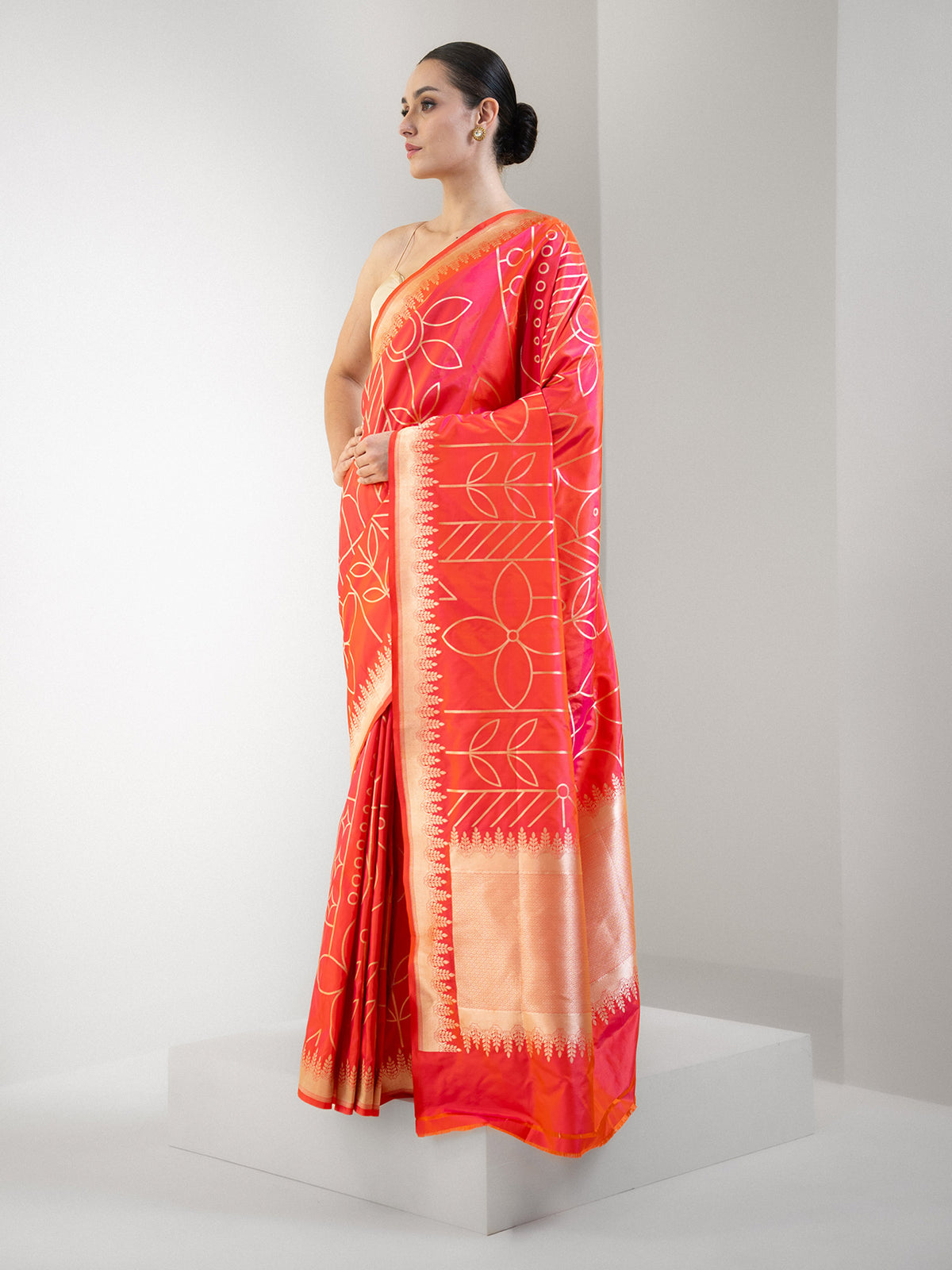 Orange Pink Jaal Katan Silk Handloom Banarasi Saree - Sacred Weaves