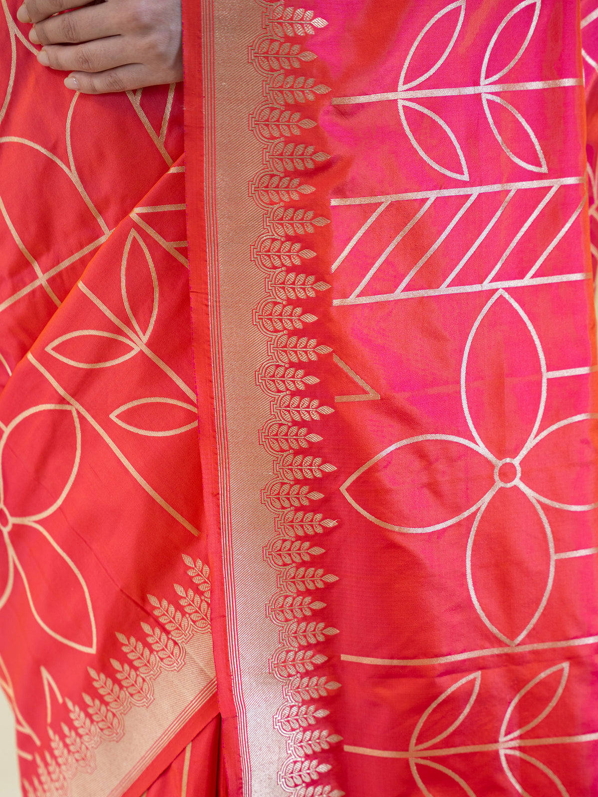 Orange Pink Jaal Katan Silk Handloom Banarasi Saree - Sacred Weaves