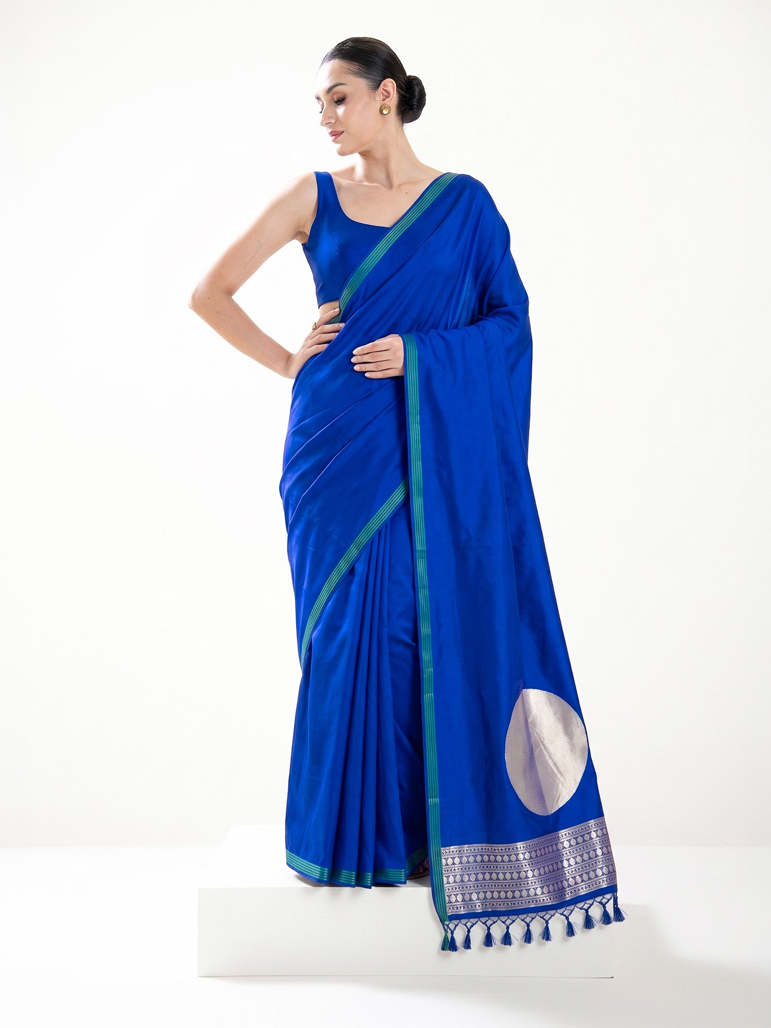 Royal Blue Plain Satin Silk Handloom Banarasi Saree - Sacred Weaves