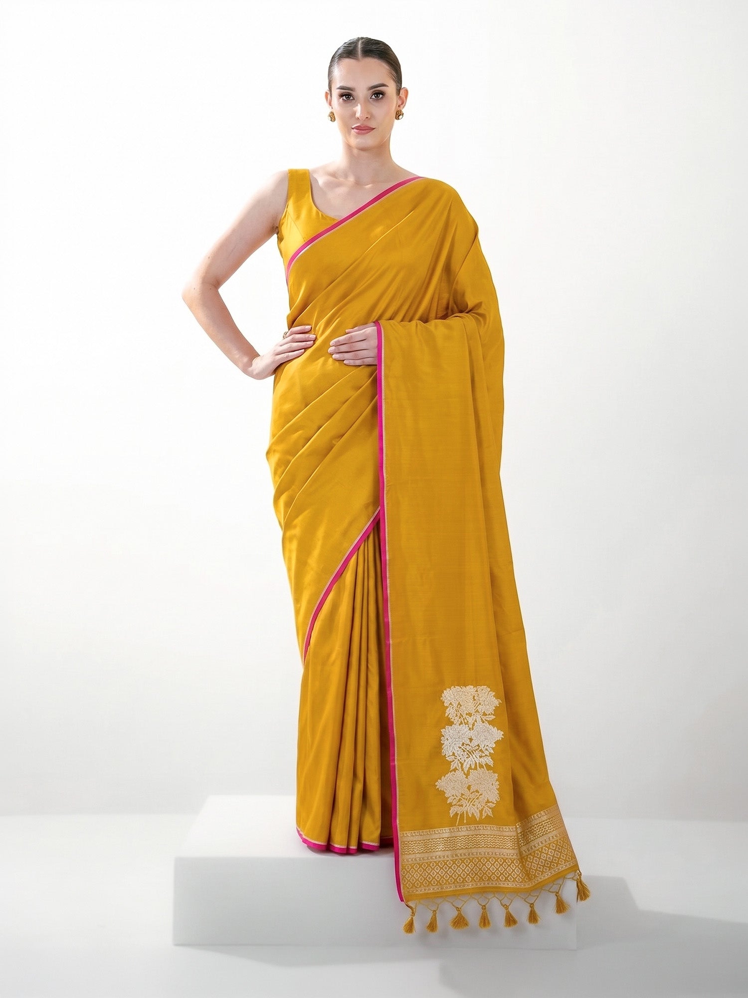 Mustard Plain Satin Silk Handloom Banarasi Saree - Sacred Weaves