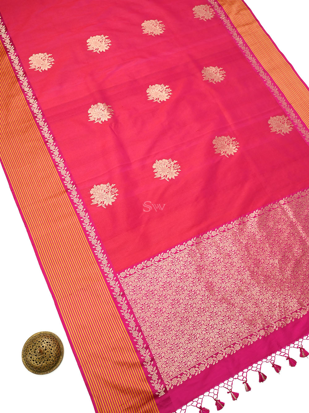 Dark Pink Booti Tussar Silk Handloom Banarasi Saree - Sacred Weaves