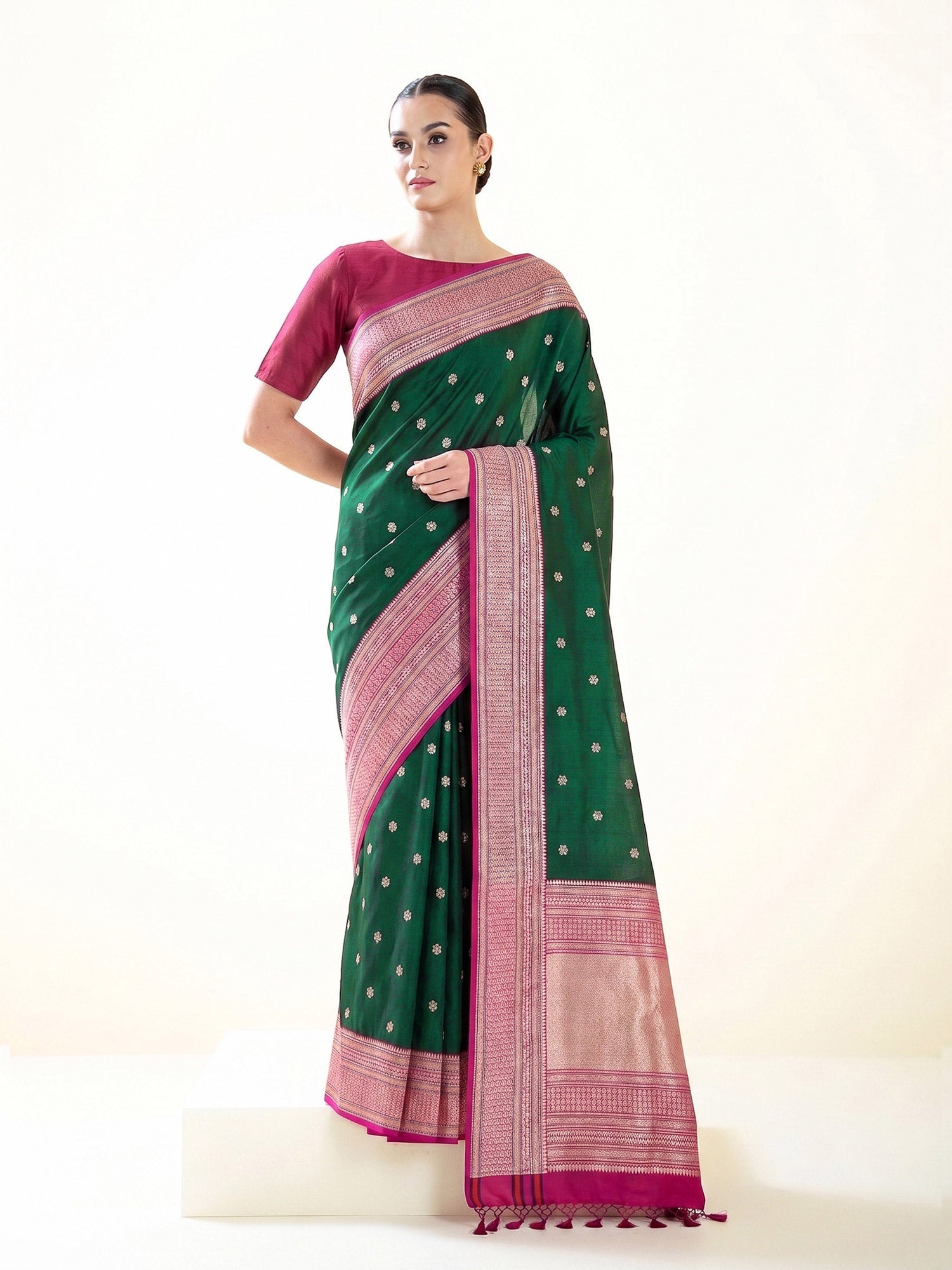 Bottle Green Booti Tussar Silk Handloom Banarasi Saree - Sacred Weaves