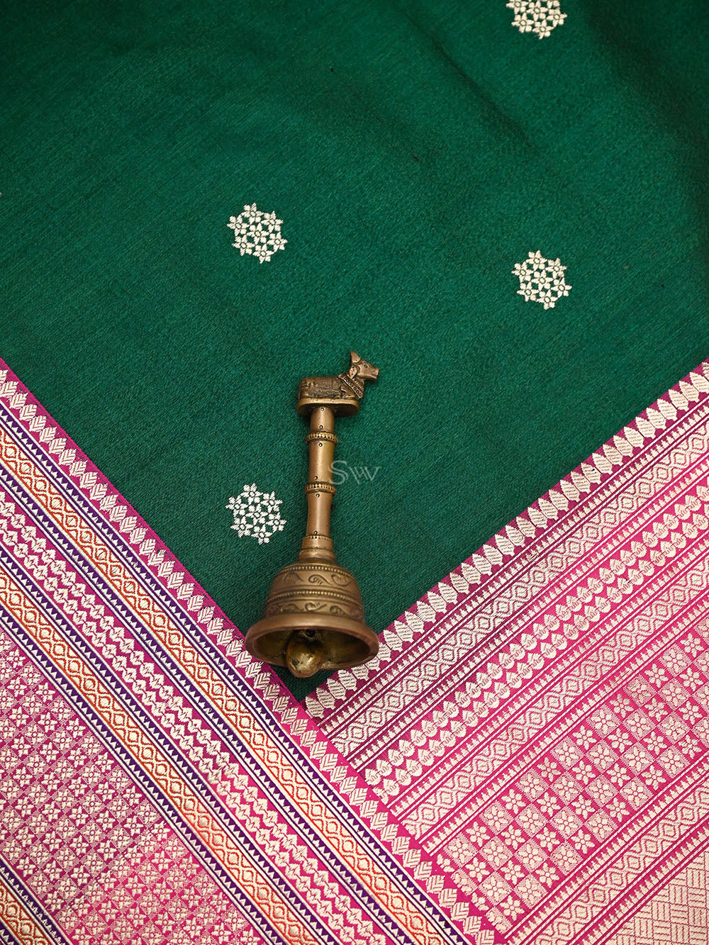 Bottle Green Booti Tussar Silk Handloom Banarasi Saree - Sacred Weaves