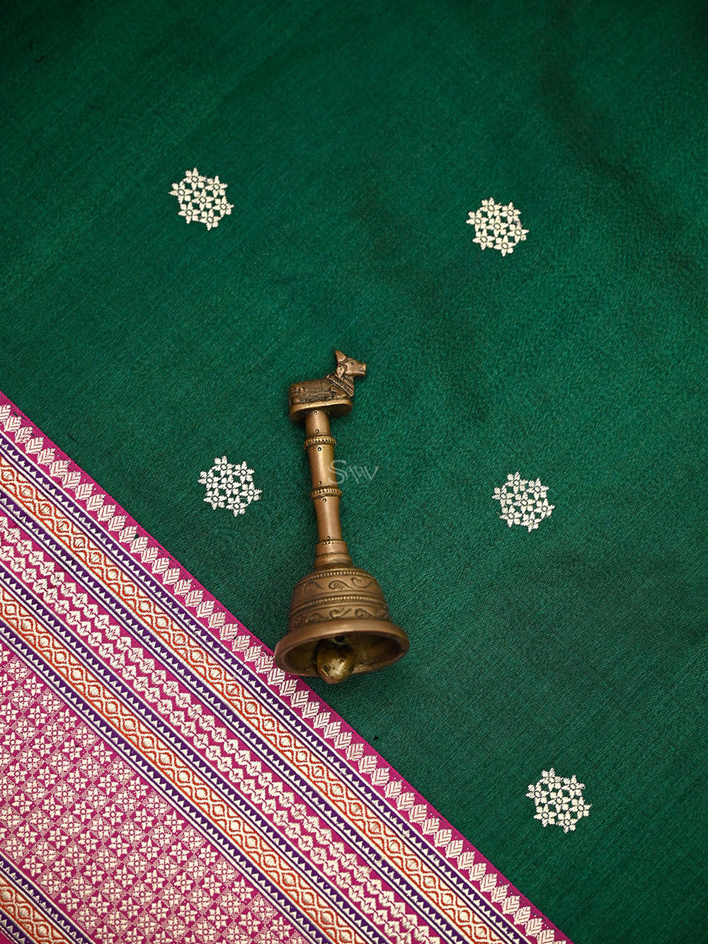 Bottle Green Booti Tussar Silk Handloom Banarasi Saree - Sacred Weaves