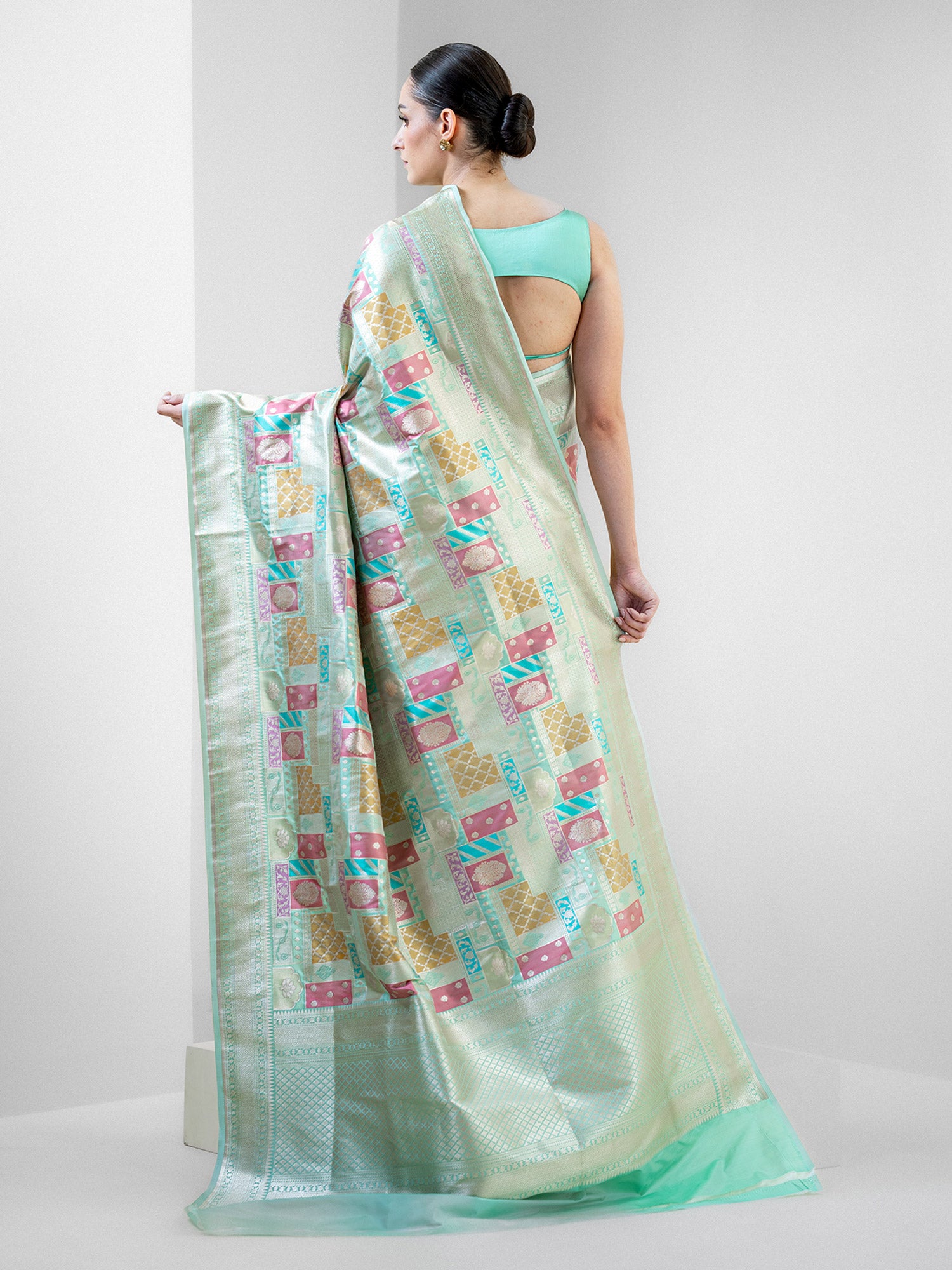 Mint Green Rangkat Katan Silk Handloom Banarasi Saree - Sacred Weaves