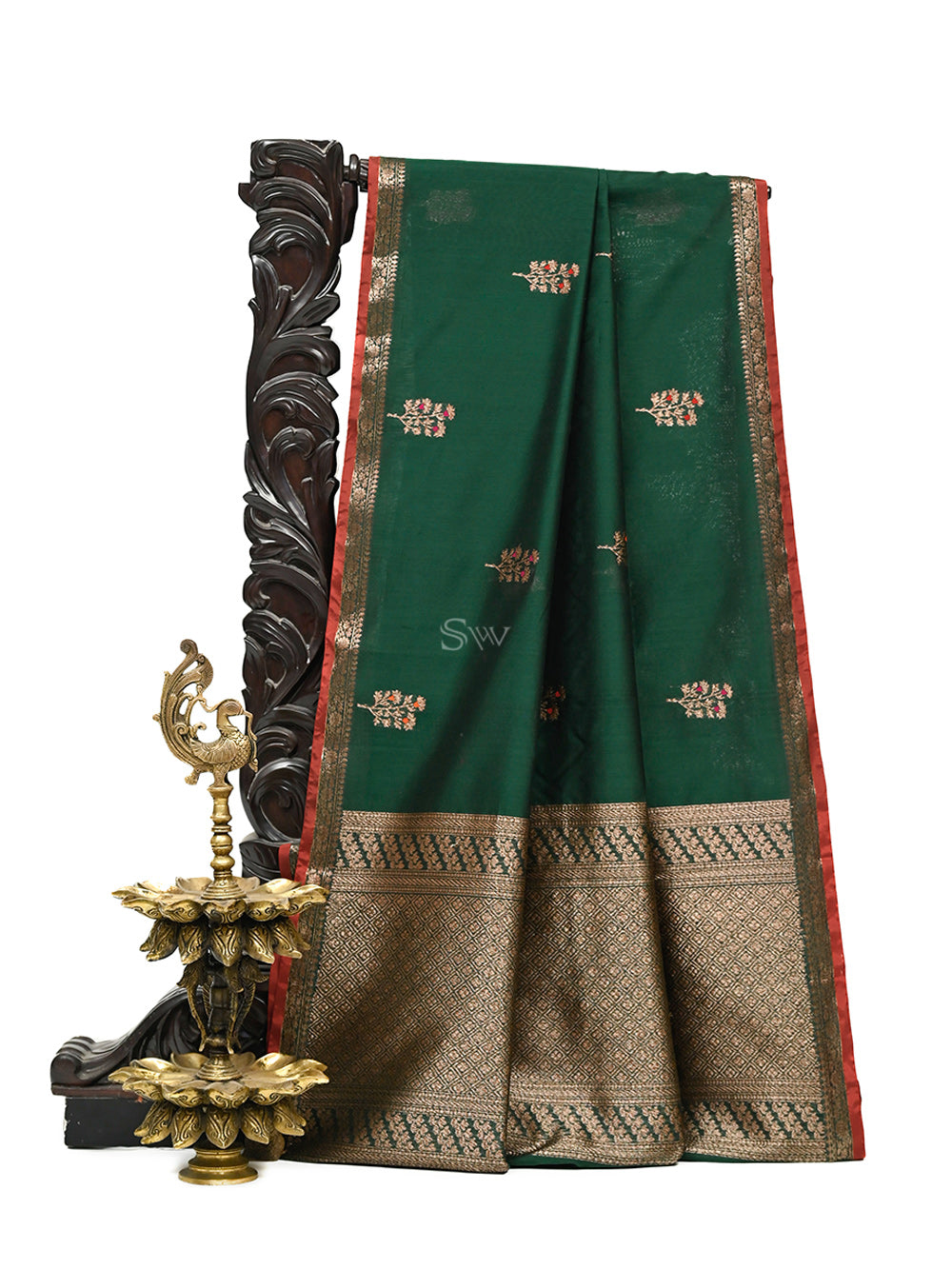 Bottle Green Booti Chanderi Silk Handloom Banarasi Saree - Sacred Weaves
