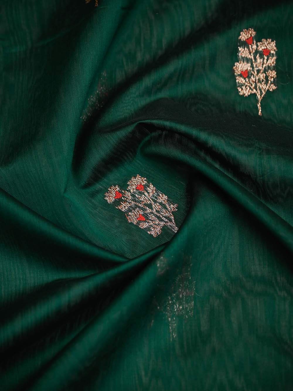 Bottle Green Booti Chanderi Silk Handloom Banarasi Saree - Sacred Weaves