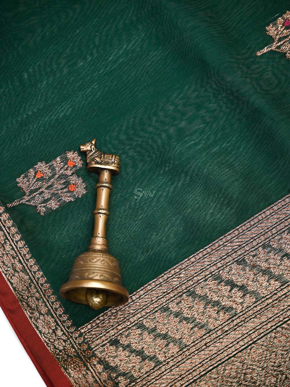 Bottle Green Booti Chanderi Silk Handloom Banarasi Saree - Sacred Weaves