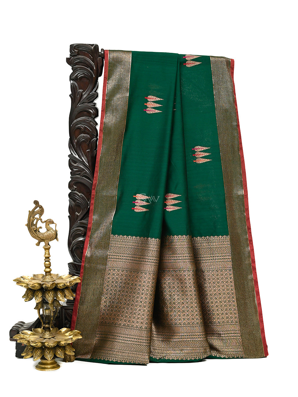Bottle Green Booti Chanderi Silk Handloom Banarasi Saree - Sacred Weaves