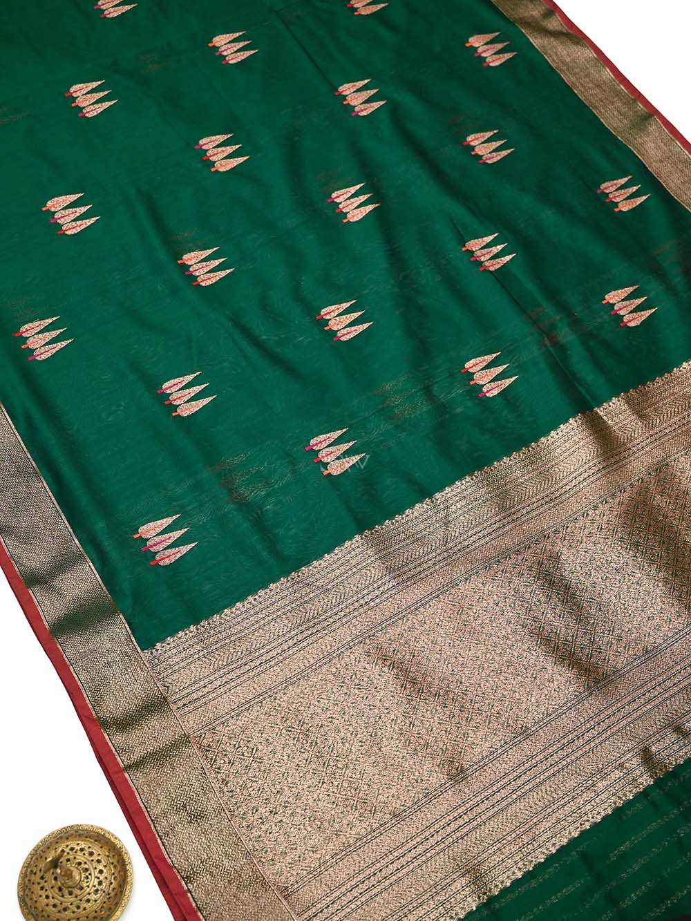 Bottle Green Booti Chanderi Silk Handloom Banarasi Saree - Sacred Weaves