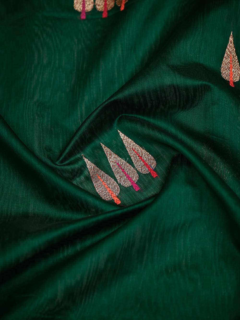 Bottle Green Booti Chanderi Silk Handloom Banarasi Saree - Sacred Weaves
