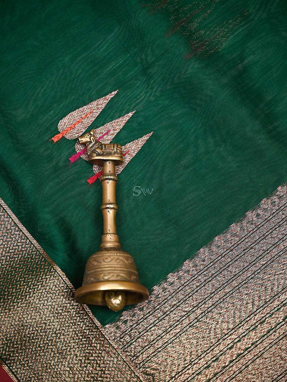 Bottle Green Booti Chanderi Silk Handloom Banarasi Saree - Sacred Weaves