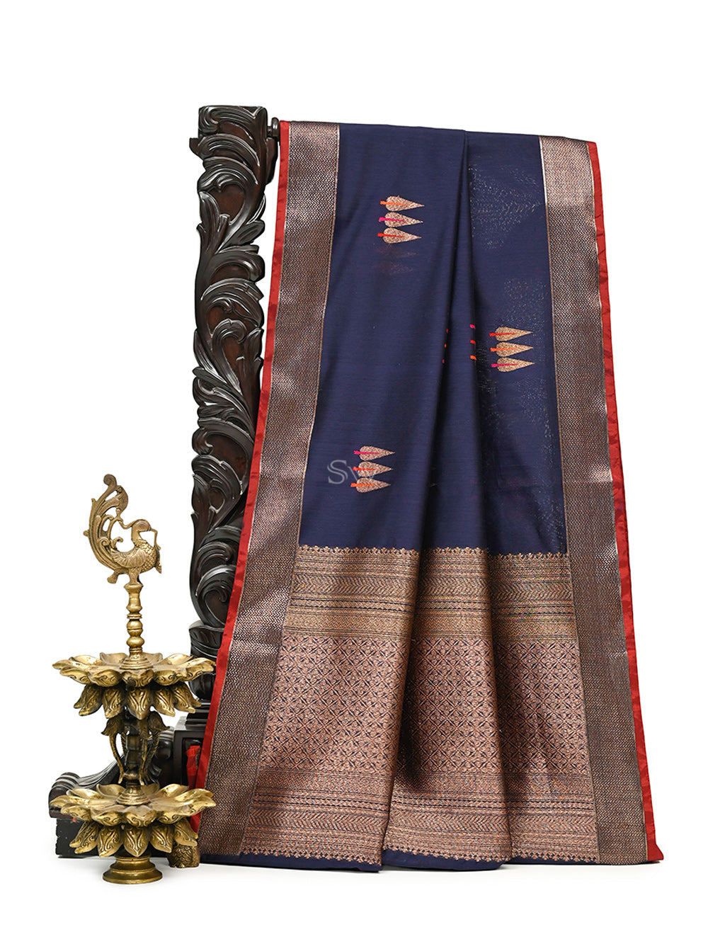 Navy Blue Booti Chanderi Silk Handloom Banarasi Saree - Sacred Weaves